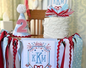 Può includere: Un allestimento festivo per una festa di compleanno con una torta bianca, uno striscione e un cappello da festa. Lo striscione e il cappello sono decorati in rosso, bianco e blu, con le iniziali "KKM" ricamate. Un palloncino blu è visibile sullo sfondo.