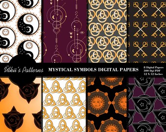 May include: Eight digital papers featuring mystical symbols in gold and black on various backgrounds. The patterns include yin yang, keys, triangles, and Celtic knots. Each paper is 12 inches by 12 inches.