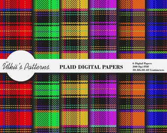 May include: Six digital plaid patterns in red, green, yellow, purple, orange, and blue. Each pattern is 30.48x30.48 centimeters and 300 DPI. The text "PLAID DIGITAL PAPERS" is at the top of the image.