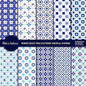 May include: A collection of ten digital papers featuring white and blue tile patterns. Each design showcases a unique geometric arrangement of shapes and floral motifs. The papers are 12 x 12 inches and in PDF format.