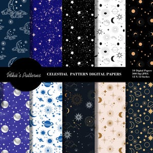 Digitale papers hemelpatroon, naadloze dierenriempatronen, hemelachtergrond, astrologiebehang, thema's lucht, ster, maan, zon thema digitale download
