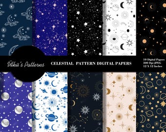 Peut inclure: Dix papiers numériques avec des motifs célestes dans différentes couleurs, notamment le bleu, le blanc, le noir, l'or et la crème. Les motifs comprennent des lunes, des étoiles, des planètes et d'autres corps célestes. Les papiers mesurent 30,48 cm sur 30,48 cm et 300 dpi.