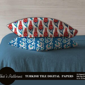 May include: Two decorative pillows with Turkish tile patterns. One pillow features a white background with red tulip and blue accents. The other pillow has a blue background with white and teal floral designs. The image includes the text "Turkish Tile Digital Papers".
