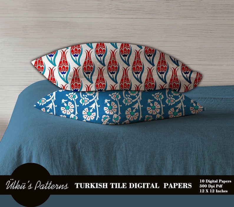 May include: Two decorative pillows with Turkish tile patterns. One pillow features a white background with red tulip and blue accents. The other pillow has a blue background with white and teal floral designs. The image includes the text "Turkish Tile Digital Papers".