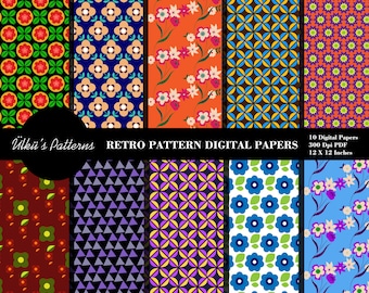 Retro Pattern Digital Papers,Retro Seamless Digital Paper Pack,70's Retro Background,Retro Flower Seamless,Retro Overprint Pattern Design
