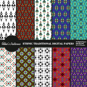 Puede incluir: Diez papeles digitales con patrones geométricos en varios colores, incluyendo rojo, azul, verde, negro, blanco y marrón. Los papeles son de 30,5 cm por 30,5 cm y 300 dpi.