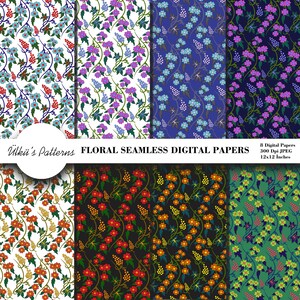 May include: Eight digital floral seamless papers in various color schemes. The patterns feature vines with flowers and berries. The papers are 12x12 inches and 300 dpi. The text on the image says "Ülkii's Patterns Floral Seamless Digital Papers".