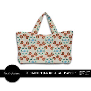 May include: A cream-colored tote bag with a repeating pattern of red, blue, and green floral designs. The bag has two handles and the text "TURKISH TILE DIGITAL PAPERS" is visible. The bag measures 12 x 14 inches.