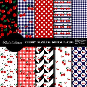Niedliche Kirsche Digitales Papier Nahtloses Muster Süßer Kirschen Print Sammlung Sommer Obst druckbare Texturen Hintergrund Scrapbook Papier Stoff