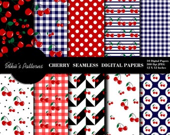 Niedliche Kirsche Digitales Papier Nahtloses Muster Süßer Kirschen Print Sammlung Sommer Obst druckbare Texturen Hintergrund Scrapbook Papier Stoff