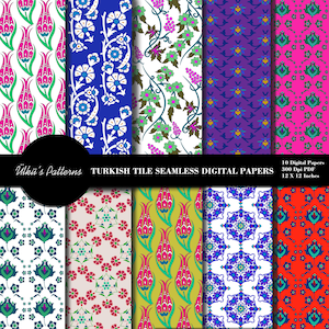 May include: A collection of ten digital papers featuring Turkish tile seamless patterns. The designs include floral and geometric motifs in various colors, including pink, blue, green, and red. The papers are 12 x 12 inches and 300 dpi PDF.
