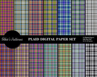 May include: A set of 14 digital plaid patterns in various colors, including red, blue, green, yellow, and purple. Each pattern is 12 inches by 12 inches and 300 dpi.