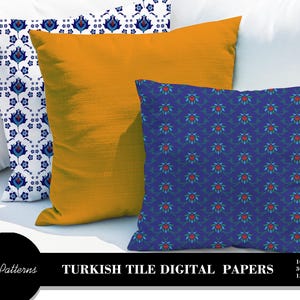 May include: Three decorative throw pillows. One is solid mustard yellow, another has a blue and white floral pattern, and the third has a blue floral pattern on a dark blue background. The text "TURKISH TILE DIGITAL PAPERS" is visible.