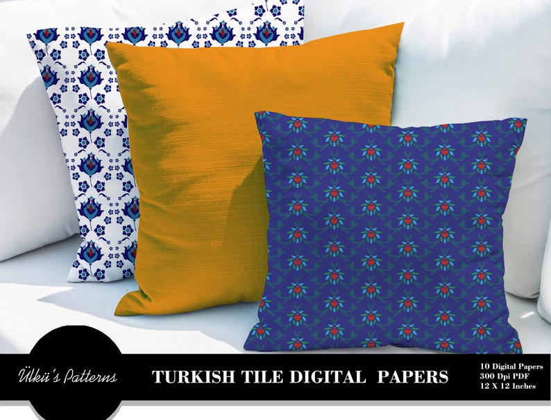 May include: Three decorative throw pillows. One is solid mustard yellow, another has a blue and white floral pattern, and the third has a blue floral pattern on a dark blue background. The text "TURKISH TILE DIGITAL PAPERS" is visible.
