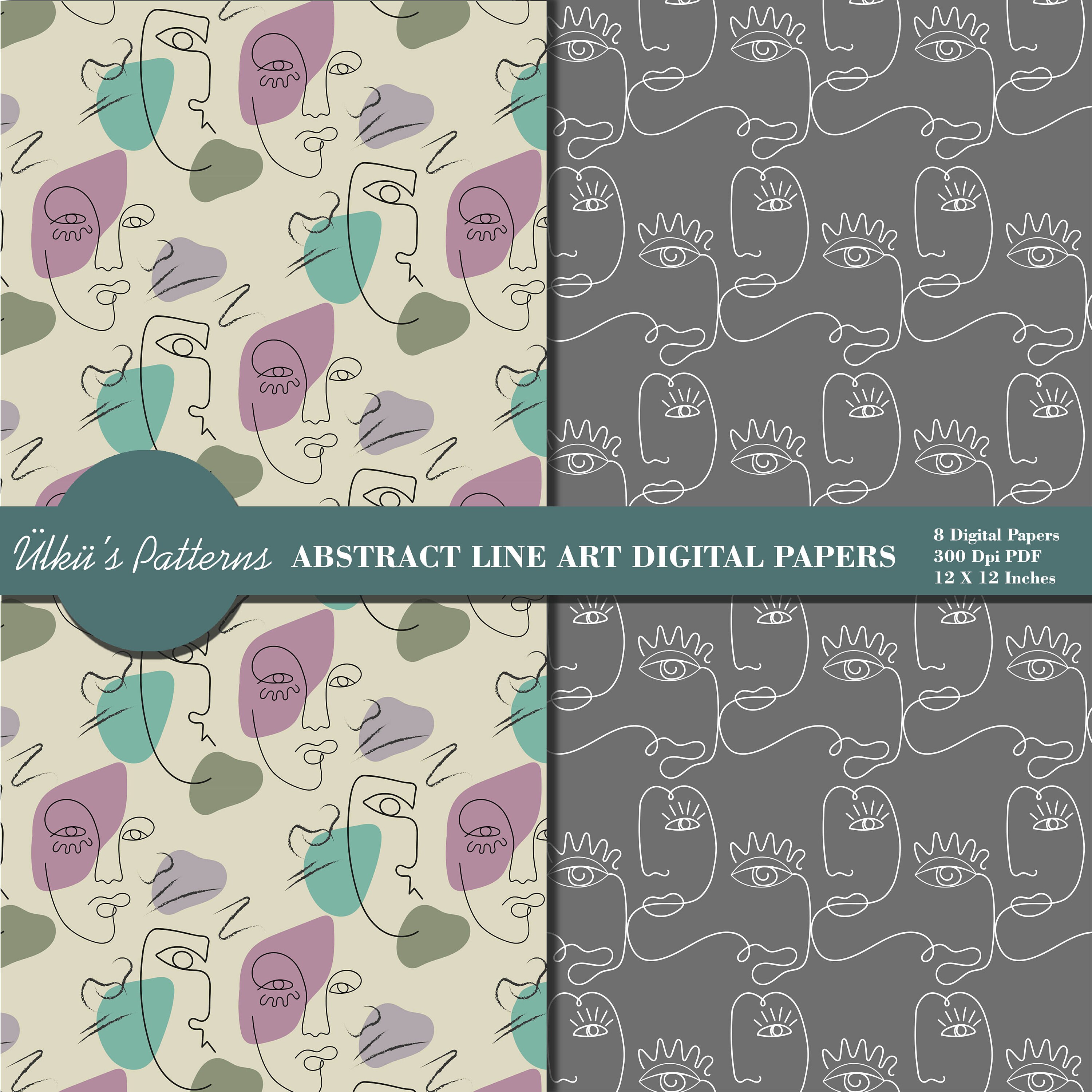 Abstract Line Art Digital Papers,modern Art Background,faces Line ...