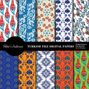 May include: Ten Turkish tile digital papers with diverse patterns, including floral and geometric designs. The papers feature a range of colours like red, blue, green, and orange. Each paper measures 30.48 x 30.48 cm and is a 300 DPI PDF.