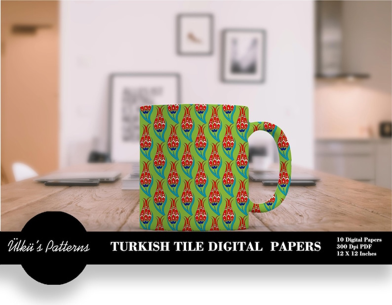 May include: A ceramic mug with a green background and a repeating pattern of red and blue tulip-like shapes. The mug has a matching handle. The text "TURKISH TILE DIGITAL PAPERS" is printed on the mug.