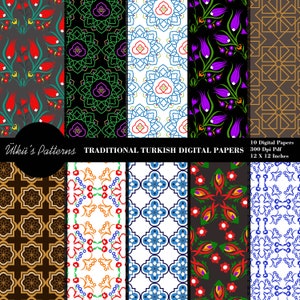 May include: Ten digital papers featuring traditional Turkish patterns. The patterns include geometric designs in blue, green, red, and gold, as well as floral designs with red, purple, and green flowers. The papers are 12 inches by 12 inches and 300 dpi.