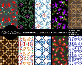May include: Ten digital papers featuring traditional Turkish patterns. The patterns include geometric designs in blue, green, red, and gold, as well as floral designs with red, purple, and green flowers. The papers are 12 inches by 12 inches and 300 dpi.