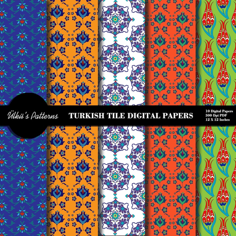 May include: A collection of Turkish tile digital papers with various patterns. The designs feature floral and geometric motifs in colors like blue, orange, red, and green. The text "&Uuml;lk&uuml;'s Patterns" and "TURKISH TILE DIGITAL PAPERS" are visible. Each paper is 12 x 12 inches.