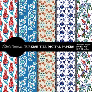 May include: A collection of ten digital papers featuring Turkish tile designs. The patterns include floral and geometric motifs in red, blue, and white. Each paper measures 12 x 12 inches and is 300 DPI. The text "&Uuml;lk&uuml;'s Patterns TURKISH TILE DIGITAL PAPERS" is also visible.