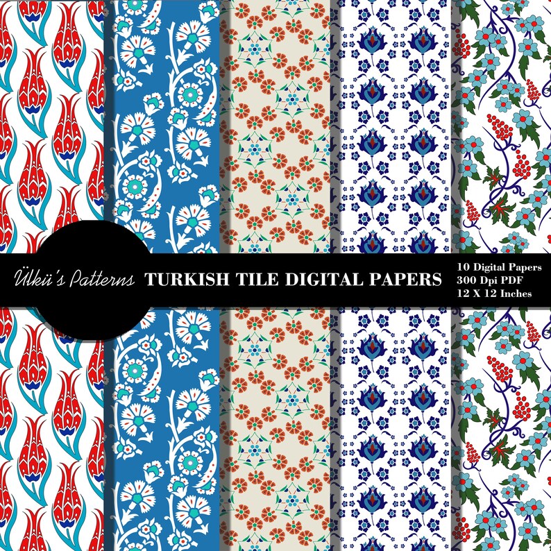 May include: A collection of ten digital papers featuring Turkish tile designs. The patterns include floral and geometric motifs in red, blue, and white. Each paper measures 12 x 12 inches and is 300 DPI. The text "&Uuml;lk&uuml;'s Patterns TURKISH TILE DIGITAL PAPERS" is also visible.