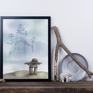 Inukshuk | Watercolor Illustration | Digital Download, landscape wall art, printable,  living room wall art, indigenous art