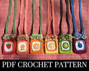 Fruit Jam Bag Crochet PATTERN, English + Spanish, Intermediate PDF Instant Download, Pouch, Purse, Strawberry, Peach, Blueberry, Cottagecore