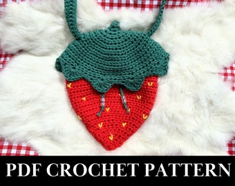 Strawberry Pochette Crochet PATTERN, English + Spanish, Beginner PDF Instant Download, Cottagecore, Purse, Drawstring Pouch, Sliding Top Bag