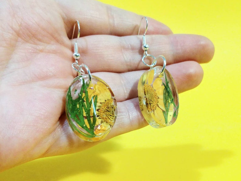 Bratty Bat Yellow Flower Oval Resin Earrings Present Gift For Her Christmas Birthday Handmade Floral Flower Jewellery