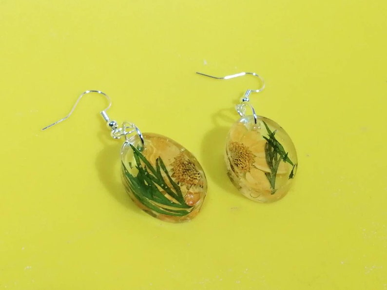 Bratty Bat Yellow Flower Oval Resin Earrings Present Gift For Her Christmas Birthday Handmade Floral Flower Jewellery