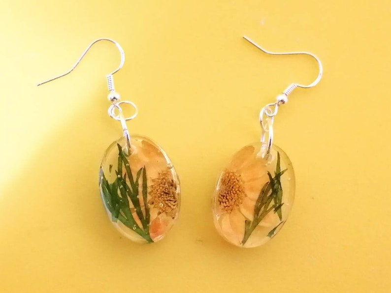Bratty Bat Yellow Flower Oval Resin Earrings Present Gift For Her Christmas Birthday Handmade Floral Flower Jewellery