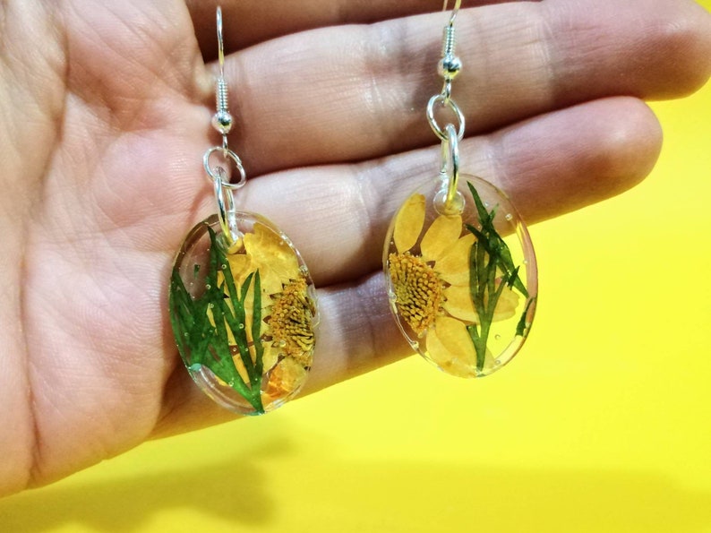 Bratty Bat Yellow Flower Oval Resin Earrings Present Gift For Her Christmas Birthday Handmade Floral Flower Jewellery