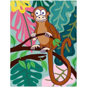 May include: A vibrant illustration of a brown monkey on a branch, set against a backdrop of colourful tropical leaves. The monkey has large eyes and a long tail. The background includes pink, blue, and green foliage.