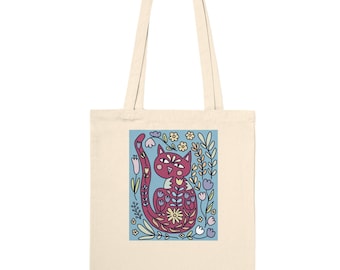 Pink Floral Cat | Premium Tote Bag Natural