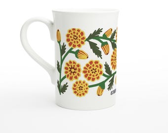 October - Marigold - Birth Month Flower | White 10oz Porcelain Slim Mug