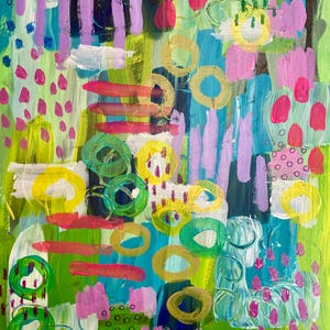 May include: Abstract acrylic painting with a vibrant mix of colours. The artwork features brushstrokes of green, blue, pink, yellow, and purple. Circular and linear shapes are layered throughout the composition, creating a dynamic and colourful visual experience.