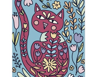 Pink Floral Cat| Fine Art Poster 13x18 cm / 5x7″