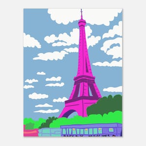 Może przedstawiać: Żywa ilustracja Wieży Eiffla w Paryżu, oddana w jaskrawym różu na tle błękitnego nieba z białymi chmurami. Zielone liście i fioletowy autobus z tekstem u podstawy dopełniają scenę. Grafika ma kreskówkowy styl.