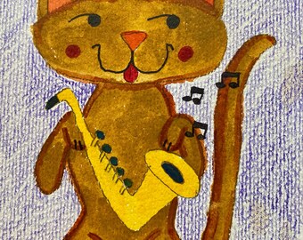 Saxophone Cat Watercolor | Fine Art Poster