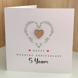 Fifth (wood)Wedding anniversary card with 3D heart and printed design on smooth white card