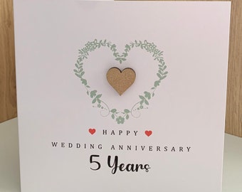 Fifth (wood) wedding anniversary card with 3D heart and printed design on smooth white card