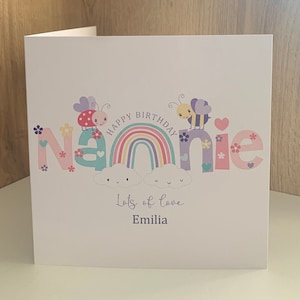 Nannie Birthday card with rainbow design printed on smooth white card
