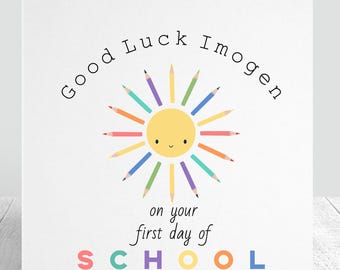 First day of School card personalised with name, sunshine and pencils design print