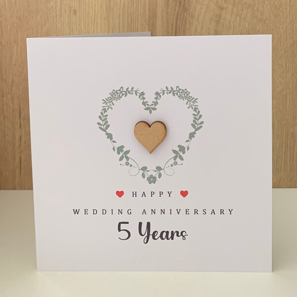 Fifth (wood) wedding anniversary card with 3D heart and printed design on smooth white card