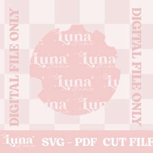 May include: A pink circle with a white background and a repeating pattern of the text "la Luna studio" in a cursive font. The circle has a bite taken out of it. The text "DIGITAL FILE ONLY" is on the right side of the image and the text "la Luna studio SVG - PDF CUT FILE" is at the bottom of the image.