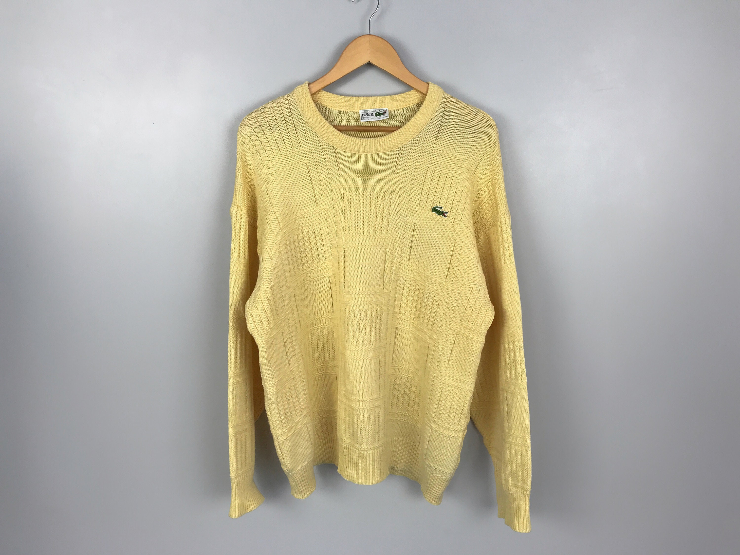Vintage CHEMISE LACOSTE Loisirs Made in France Pullover Knit Geometric  Yellow Classic Grandpa Sweater Size 6 / L 