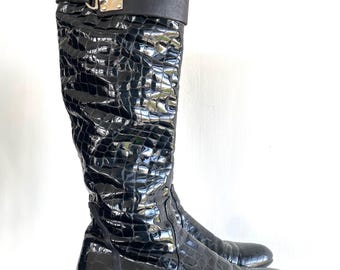 Versace Jeans Couture Patent Croc Knee-High Boots Black Gold EU 39 Made in Italy