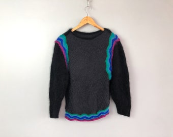 Women's Vintage Multicolor Oversized Mohair Blend Knit Grandma Sweater Size M