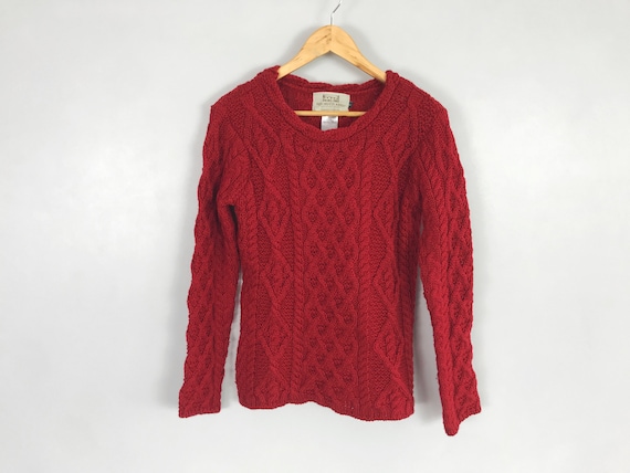 Women's Traditional Aran Red Color Knit Wool Sweat